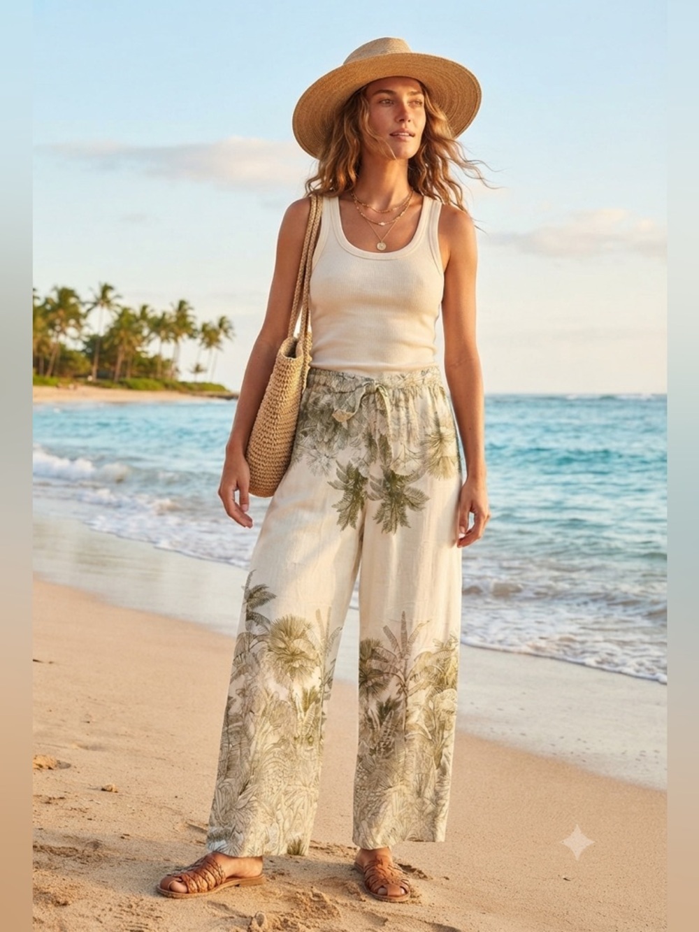 Alice Blue Cream Wide-Leg Tropical Print Linen-Blend Pants